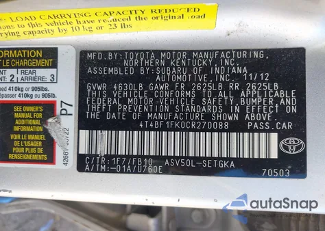 2012 Toyota Camry Xle из США, поврежденный, VIN 4T4BF1FK0CR270088